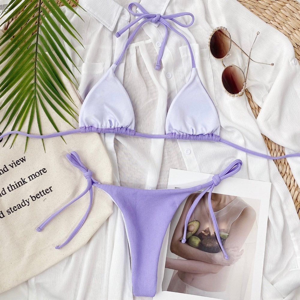 Purple ribbed cheeky bikini sets - Picture 3 of 3